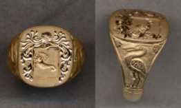 Mens Gold Family Crest Ring Solid with Carved Shank by Heraldica Imports