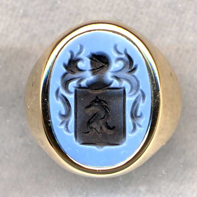 A man's Stone Family Crest Ring.